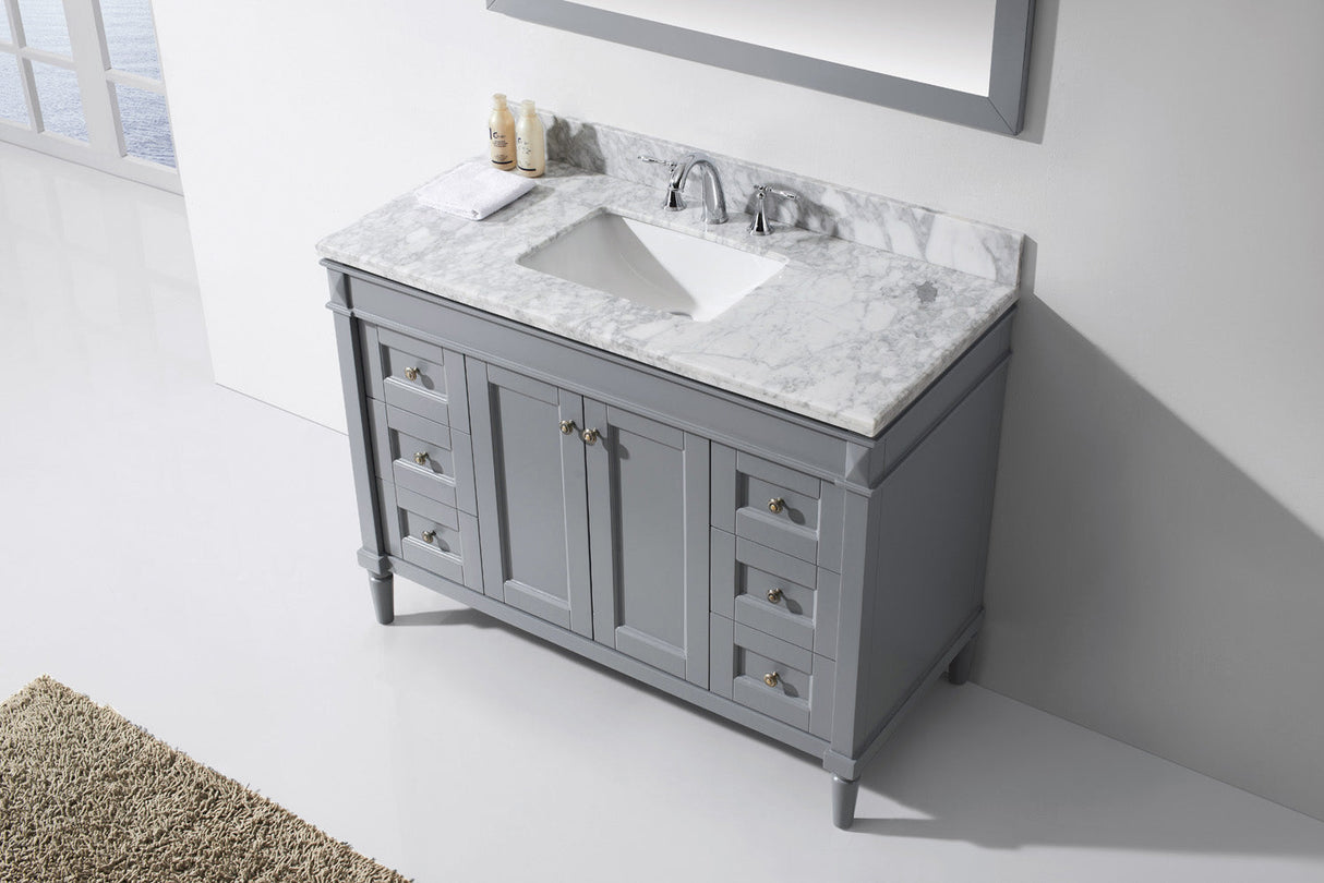 Virtu USA Tiffany 48" Single Bath Vanity with White Marble Top and Square Sink with Brushed Nickel Faucet with Matching Mirror