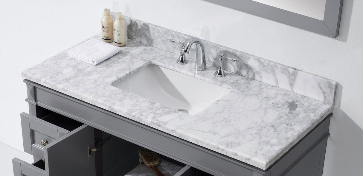 Virtu USA Tiffany 48" Single Bath Vanity with White Marble Top and Square Sink with Polished Chrome Faucet with Matching Mirror