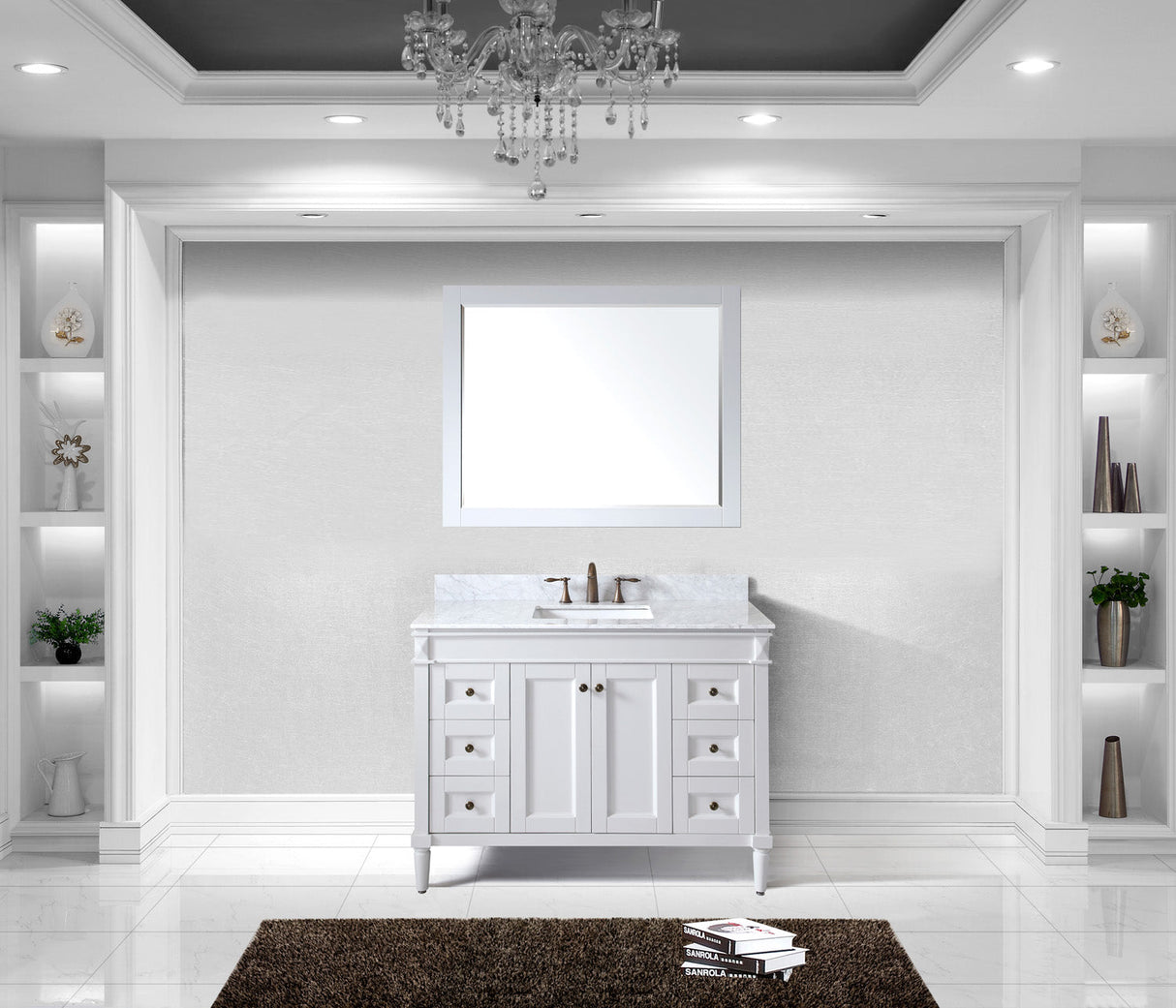 Virtu USA Tiffany 48" Single Bath Vanity with White Marble Top and Square Sink with Brushed Nickel Faucet with Matching Mirror