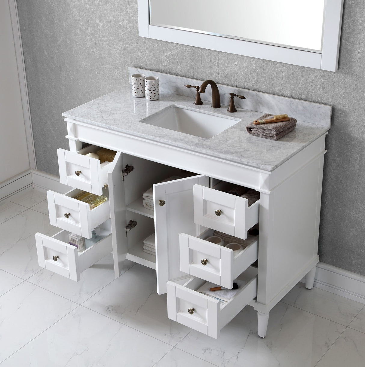 Virtu USA Tiffany 48" Single Bath Vanity with White Marble Top and Square Sink with Brushed Nickel Faucet with Matching Mirror