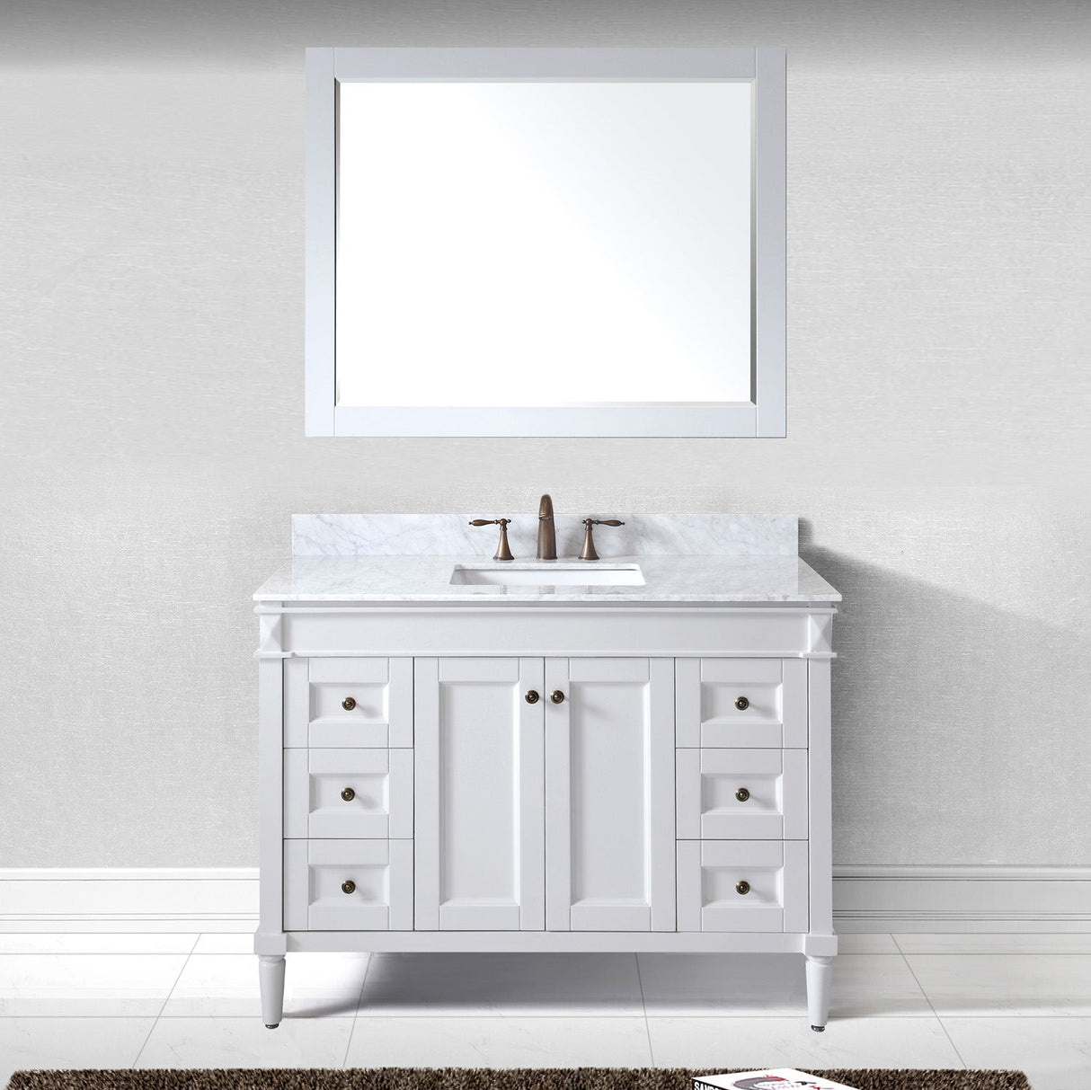 Virtu USA Tiffany 48" Single Bath Vanity with White Marble Top and Square Sink with Polished Chrome Faucet with Matching Mirror