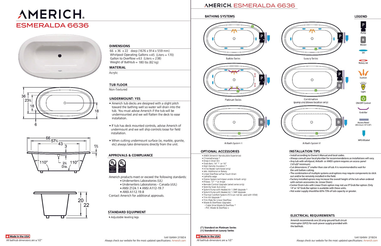 Americh ES6636TA5-BI Esmeralda 6636 - Tub Only / Airbath 5 - Biscuit