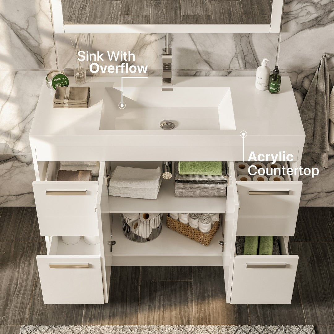 Lugano 42 in. White Single Sink Bath Vanity with Acrylic Top and Integrated Sink