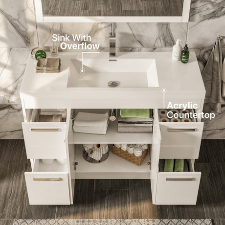 Lugano 42 in. White Single Sink Bath Vanity with Acrylic Top and Integrated Sink