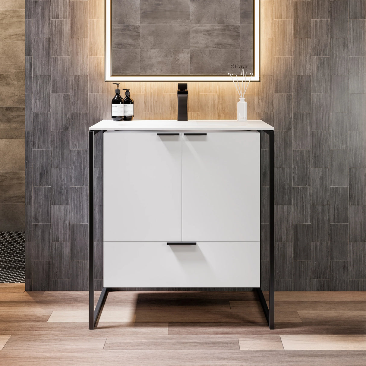 Onyx 26 in. White Wall Mount Single Sink Bath Vanity with Solid Surface Top and Integrated Sink