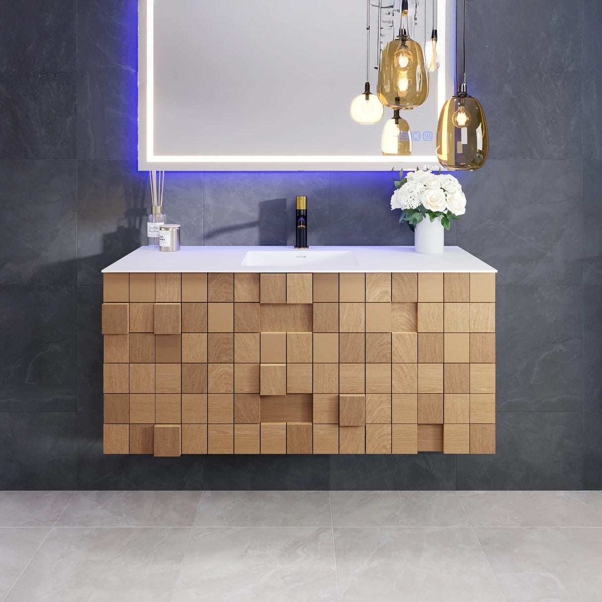 Mosaic 49 in. Natural Oak Wall Mount Single Sink Bath Vanity with Solid Surface Top and Integrated Sink