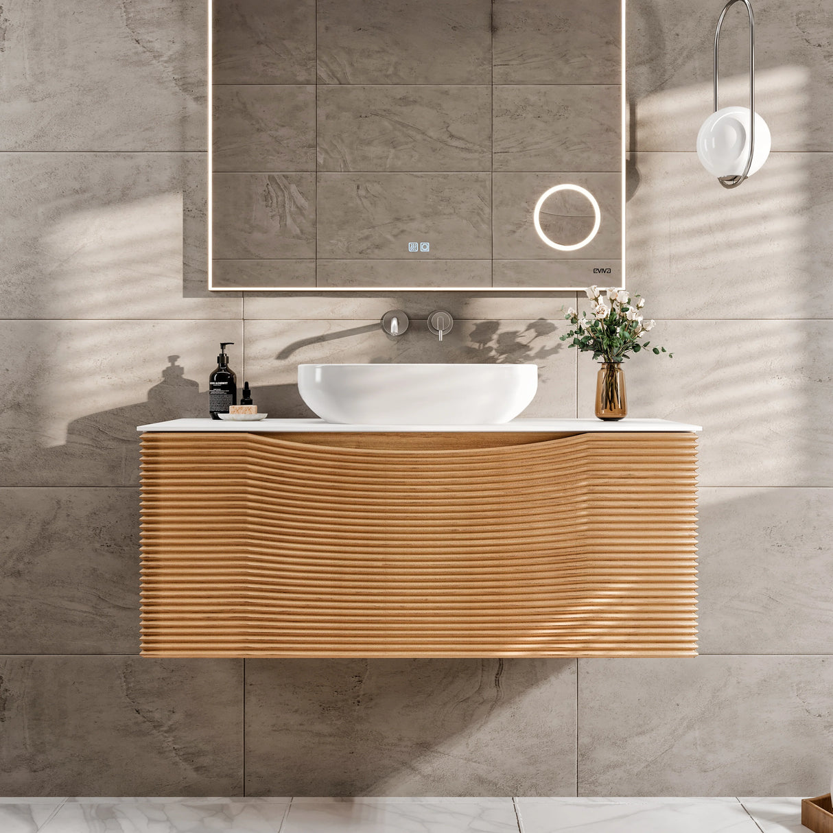 Leah 32 in. Medium Oak Wall Mount Single Sink Bath Vanity with Solid Surface Top and Vessel Solid Surface Sink