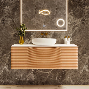 Leah 39 in. Medium Oak Wall Mount Single Sink Bath Vanity with Solid Surface Top and Vessel Solid Surface Sink