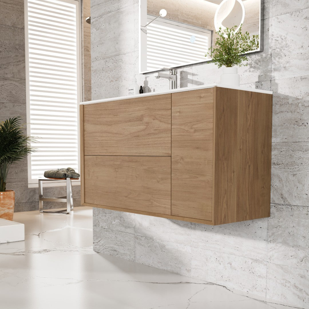 Prancer 36 in. Natural Oak Wall Mount Single Sink Bath Vanity with Solid Surface Top and Integrated Sink