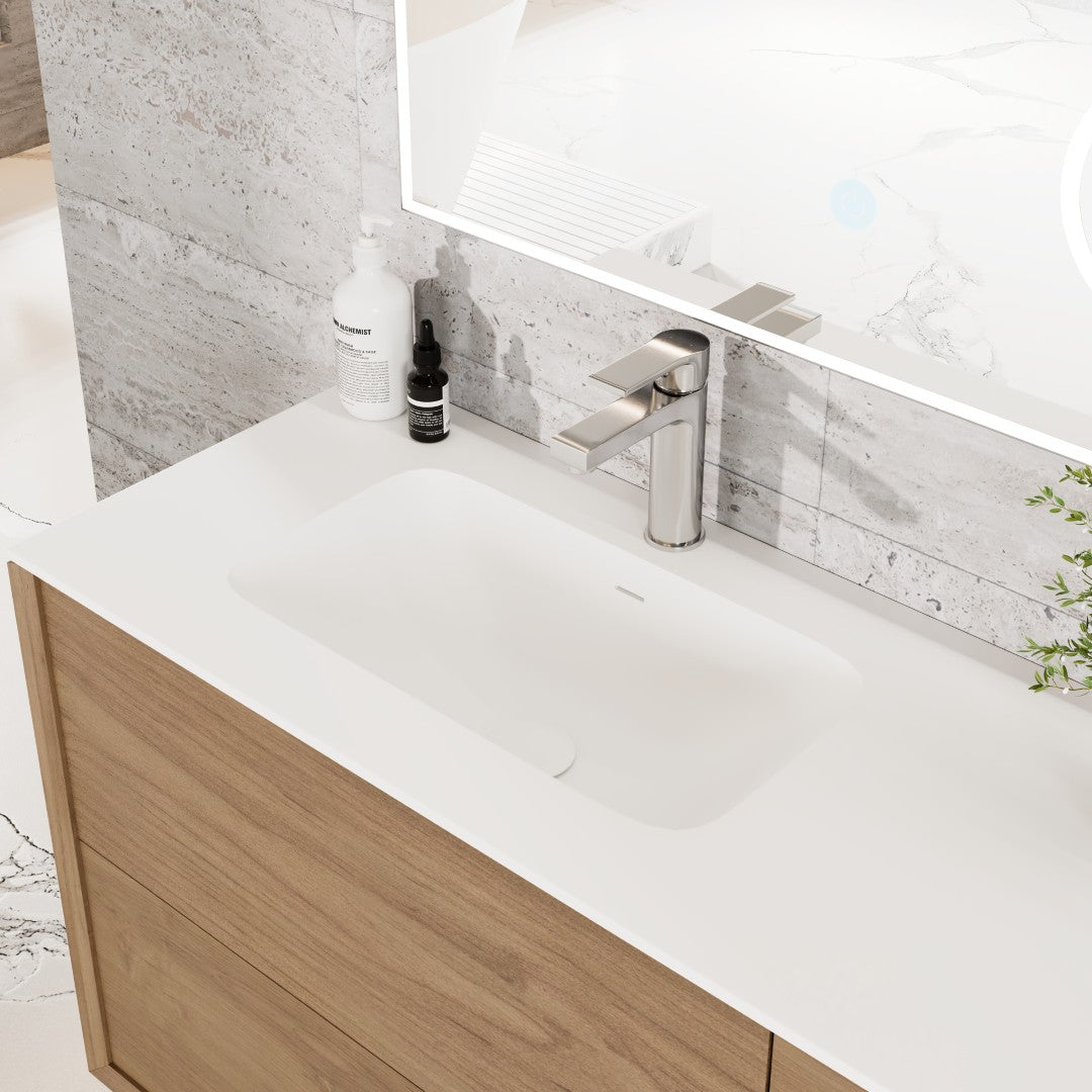 Prancer 36 in. Natural Oak Wall Mount Single Sink Bath Vanity with Solid Surface Top and Integrated Sink