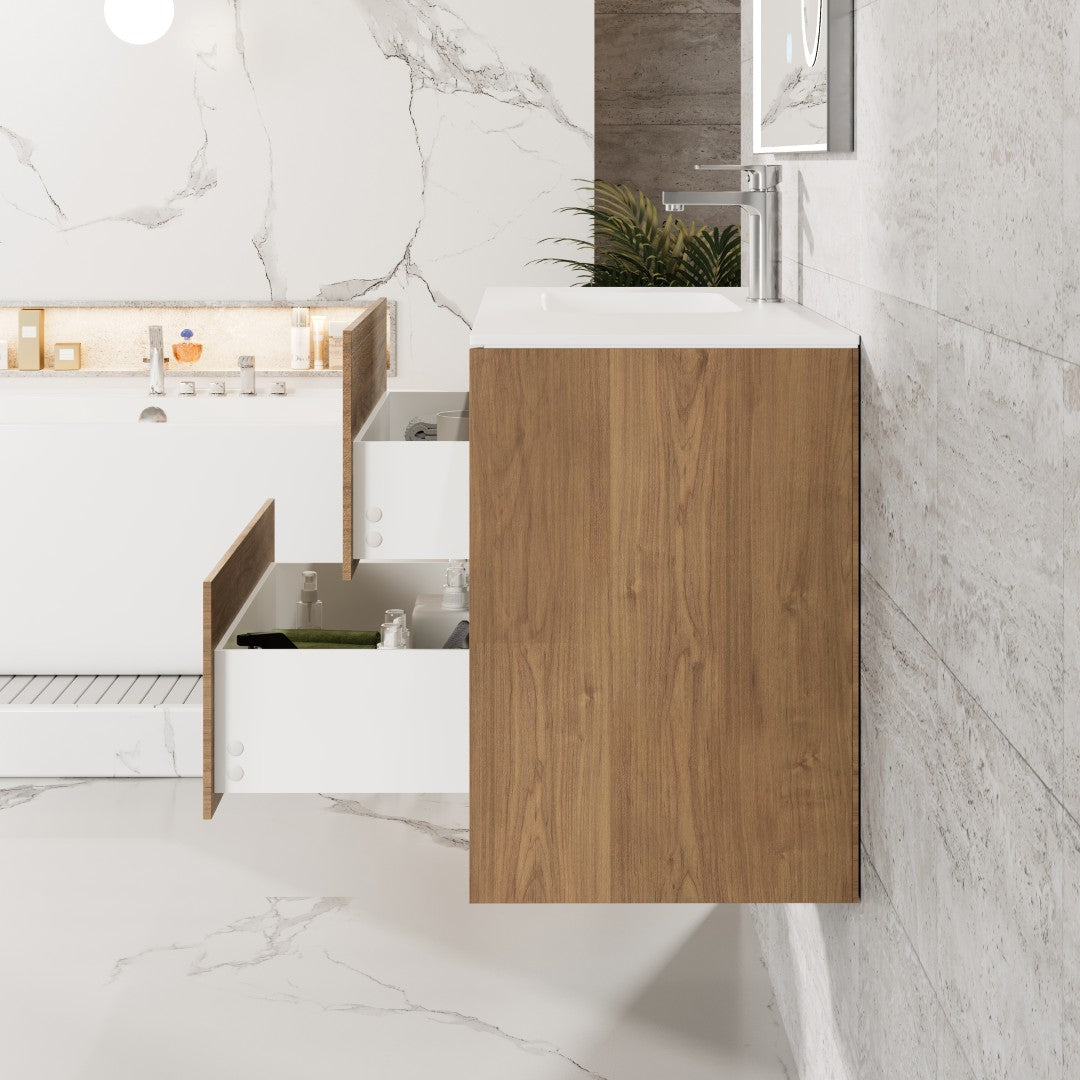Prancer 36 in. Natural Oak Wall Mount Single Sink Bath Vanity with Solid Surface Top and Integrated Sink