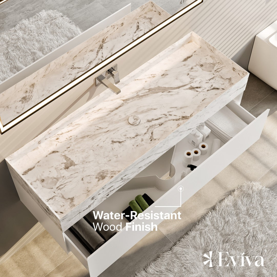 Fritti 48 in. White Wall Mount Single Sink Bath Vanity with Carrara Marble Top and Integrated Sink