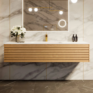 Allure 55 in. Oak Wall Mount Single Sink Bath Vanity with Solid Surface Top and Integrated Sink