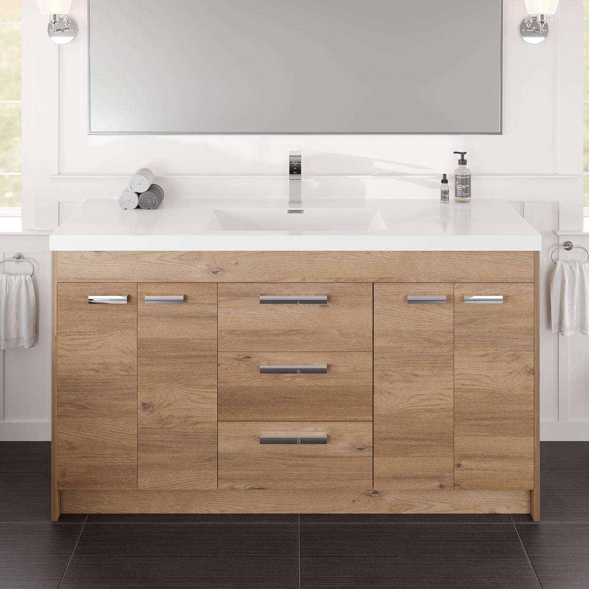 Lugano 60 in. Natural Oak Single Sink Bath Vanity with Acrylic Top and Integrated Sink