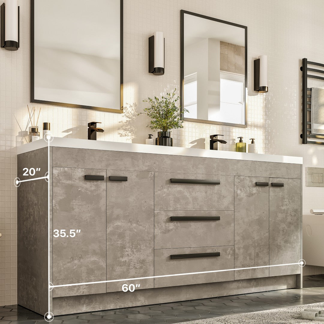 Lugano 60 in. Concrete Gray Double Sink  Bath Vanity with Acrylic Top and Integrated Sinks