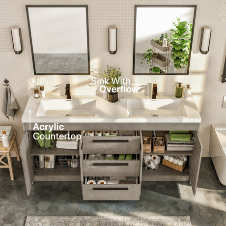Lugano 60 in. Concrete Gray Double Sink  Bath Vanity with Acrylic Top and Integrated Sinks