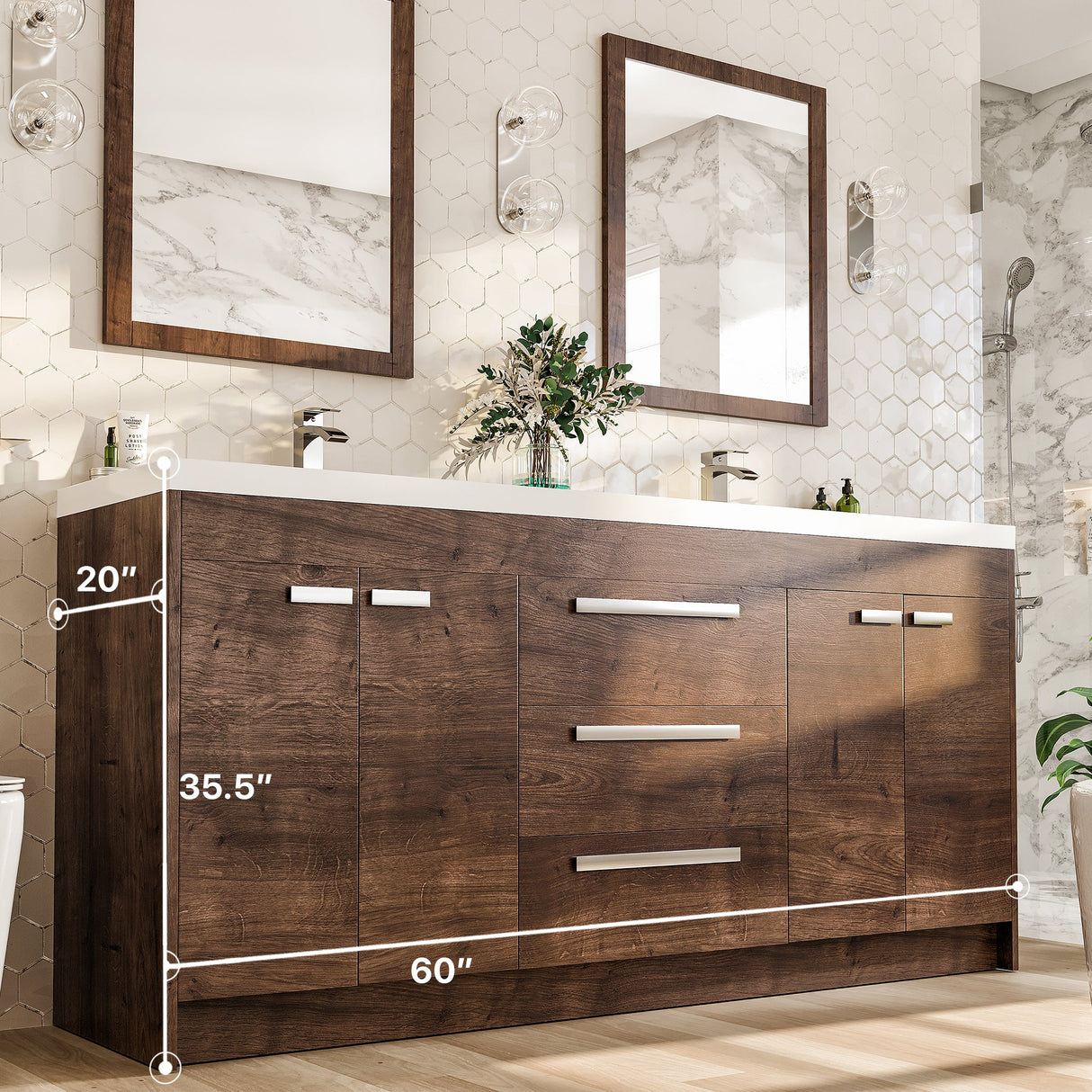 Lugano 60 in. Rosewood Double Sink  Bath Vanity with Acrylic Top and Integrated Sinks