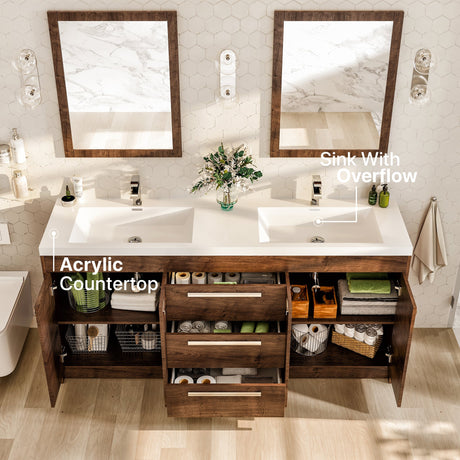 Lugano 60 in. Rosewood Double Sink  Bath Vanity with Acrylic Top and Integrated Sinks