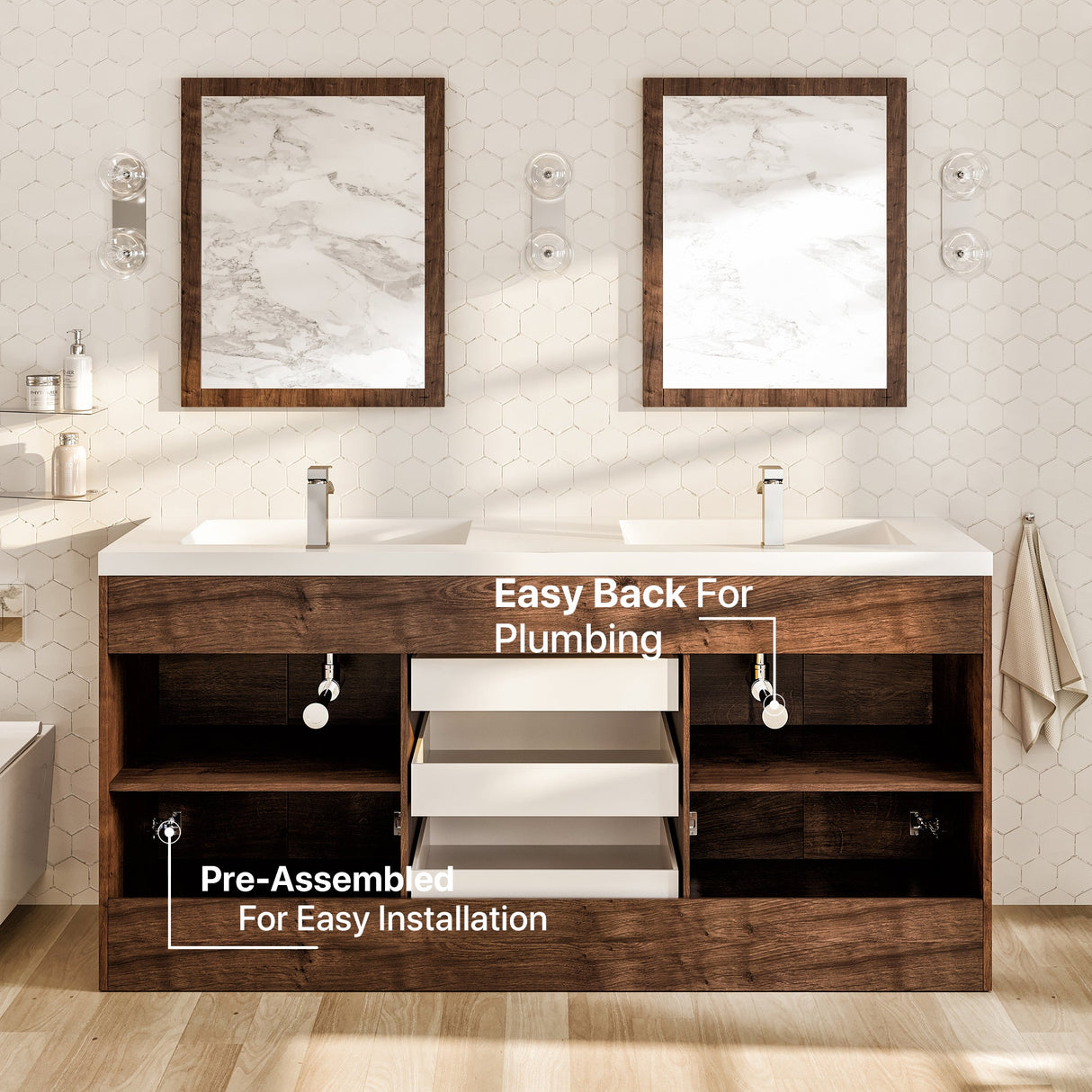 Lugano 60 in. Rosewood Double Sink  Bath Vanity with Acrylic Top and Integrated Sinks