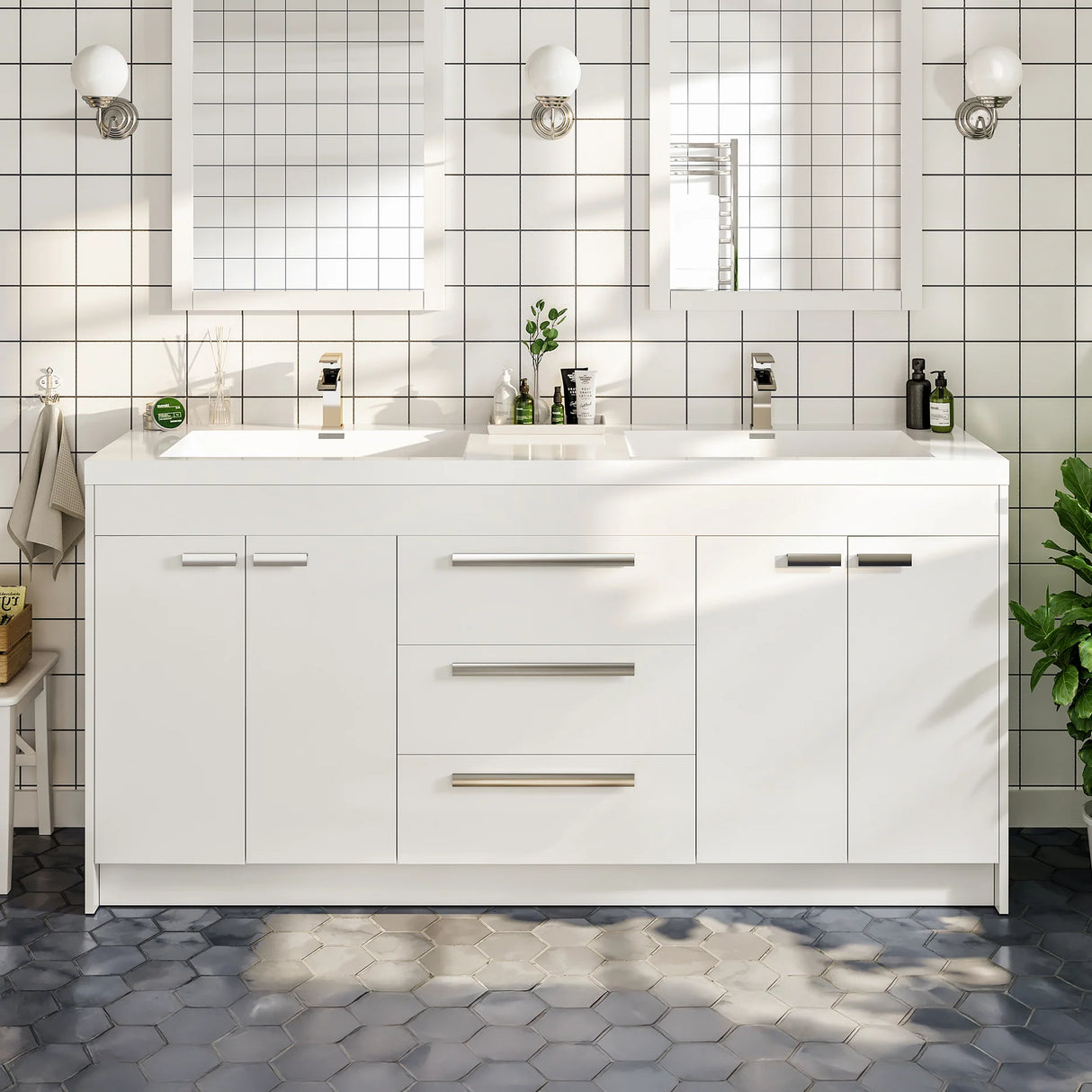 Lugano 60 in. White Double Sink  Bath Vanity with Acrylic Top and Integrated Sinks