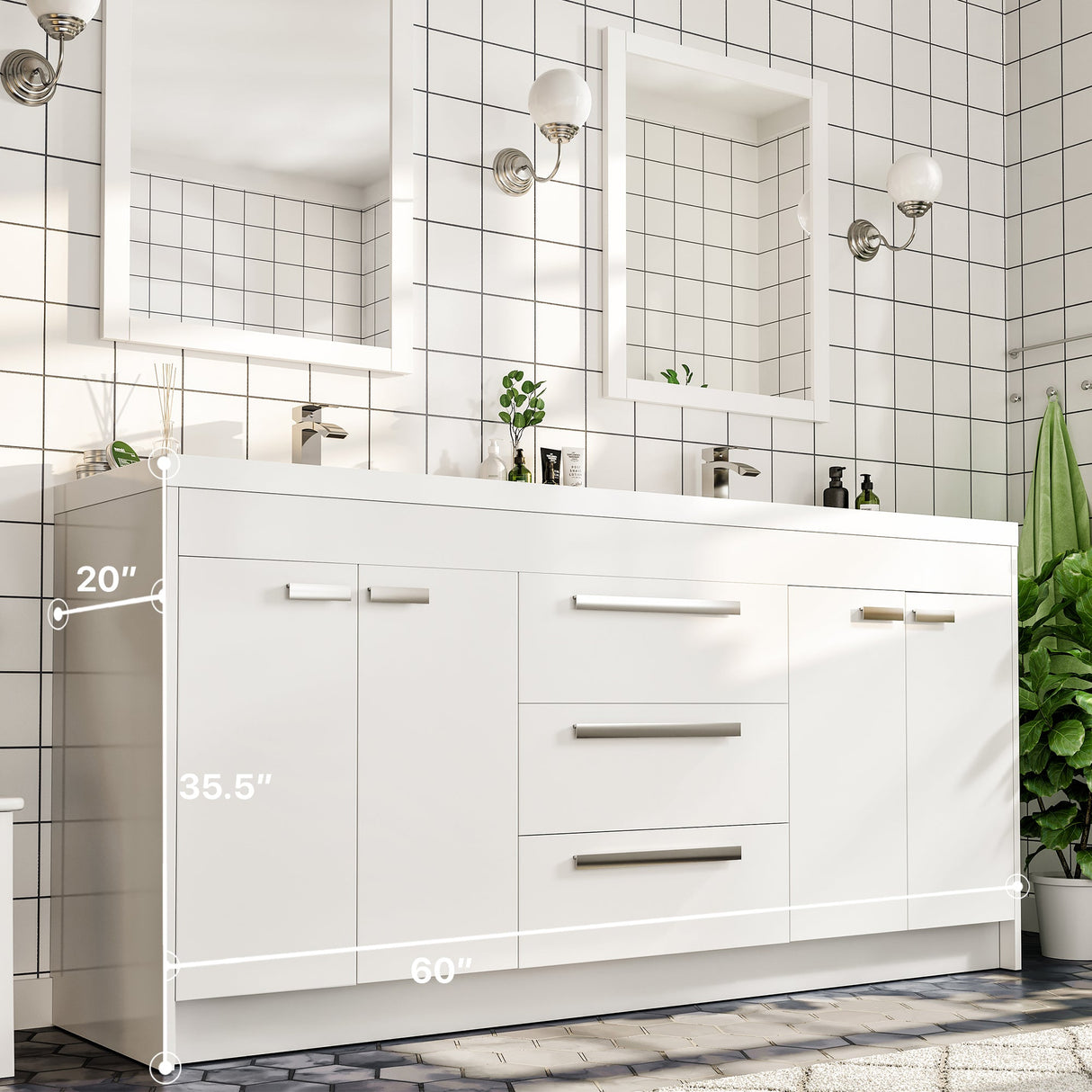 Lugano 60 in. White Double Sink  Bath Vanity with Acrylic Top and Integrated Sinks