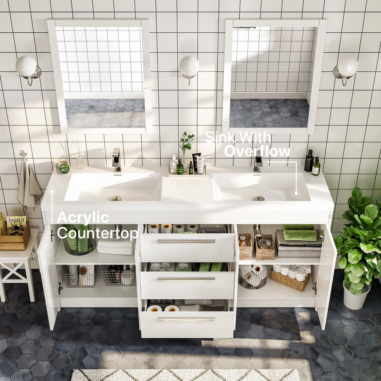 Lugano 60 in. White Double Sink  Bath Vanity with Acrylic Top and Integrated Sinks