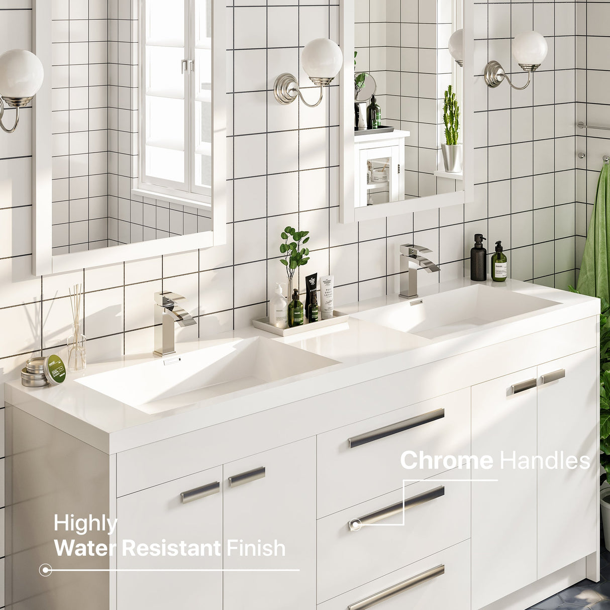 Lugano 60 in. White Double Sink  Bath Vanity with Acrylic Top and Integrated Sinks