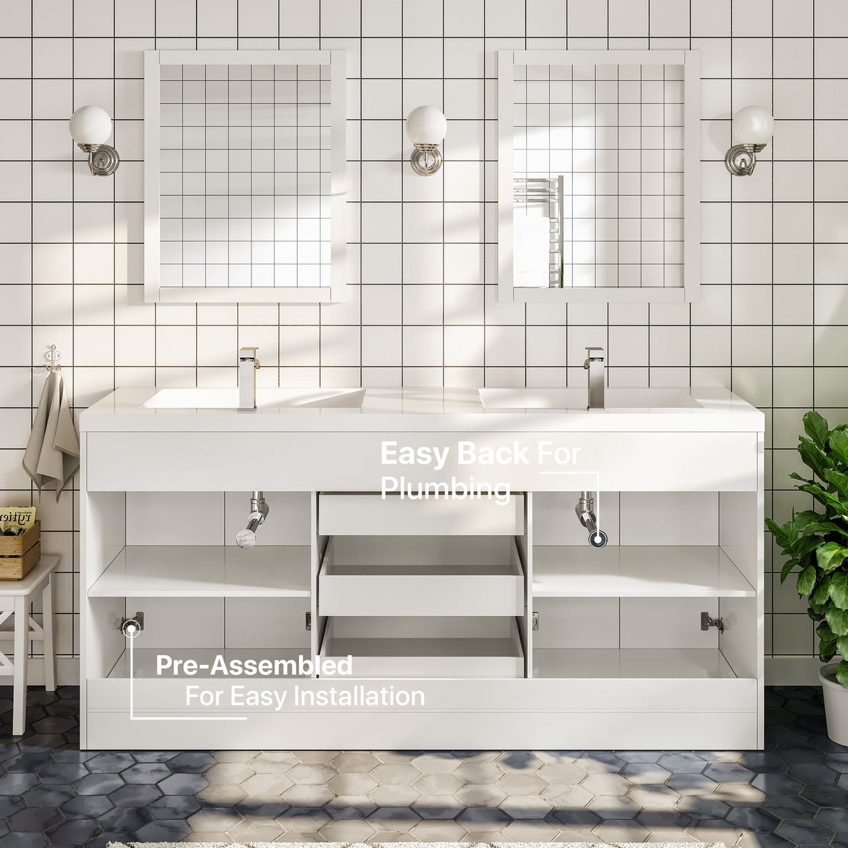 Lugano 60 in. White Double Sink  Bath Vanity with Acrylic Top and Integrated Sinks