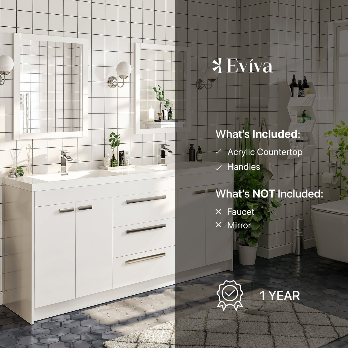 Lugano 60 in. White Double Sink  Bath Vanity with Acrylic Top and Integrated Sinks