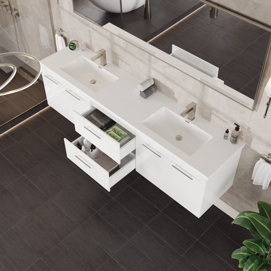 Lumina 84 in. White Wall Mount Double Sink  Bath Vanity with Acrylic Top and Integrated Sinks