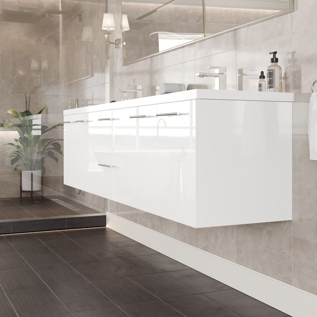 Lumina 84 in. White Wall Mount Double Sink  Bath Vanity with Acrylic Top and Integrated Sinks