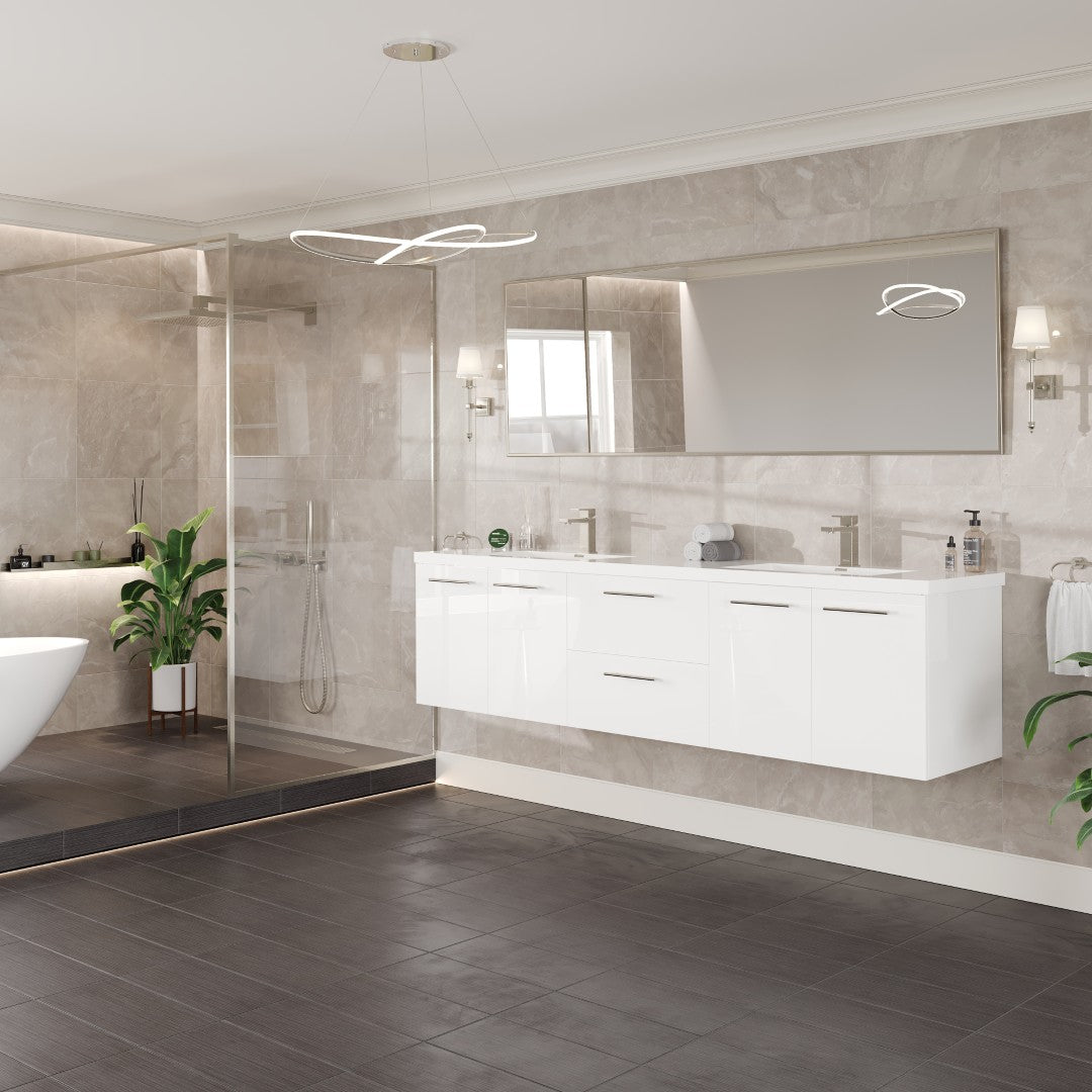 Lumina 84 in. White Wall Mount Double Sink  Bath Vanity with Acrylic Top and Integrated Sinks