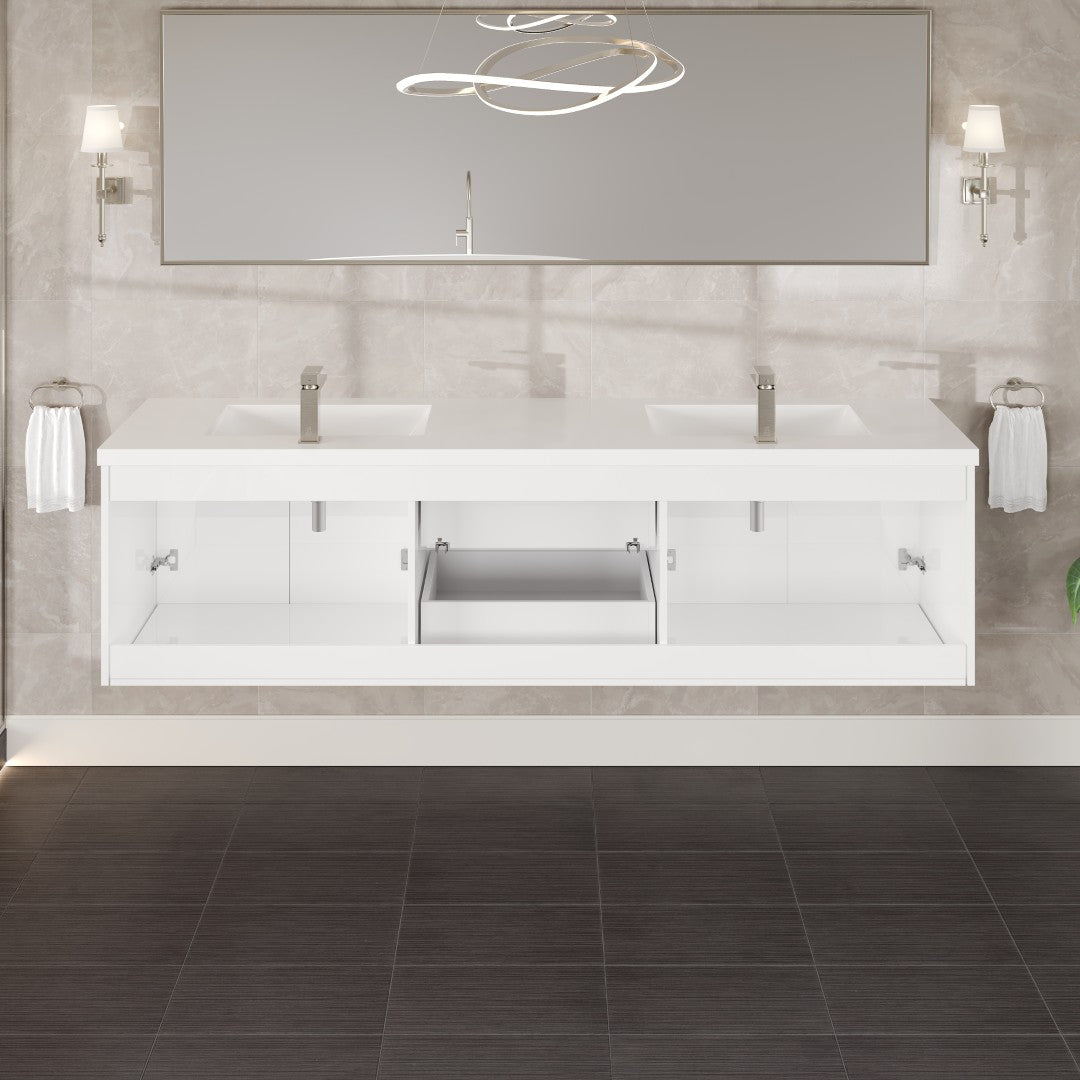 Lumina 84 in. White Wall Mount Double Sink  Bath Vanity with Acrylic Top and Integrated Sinks