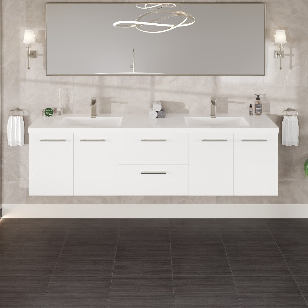 Lumina 84 in. White Wall Mount Double Sink  Bath Vanity with Acrylic Top and Integrated Sinks