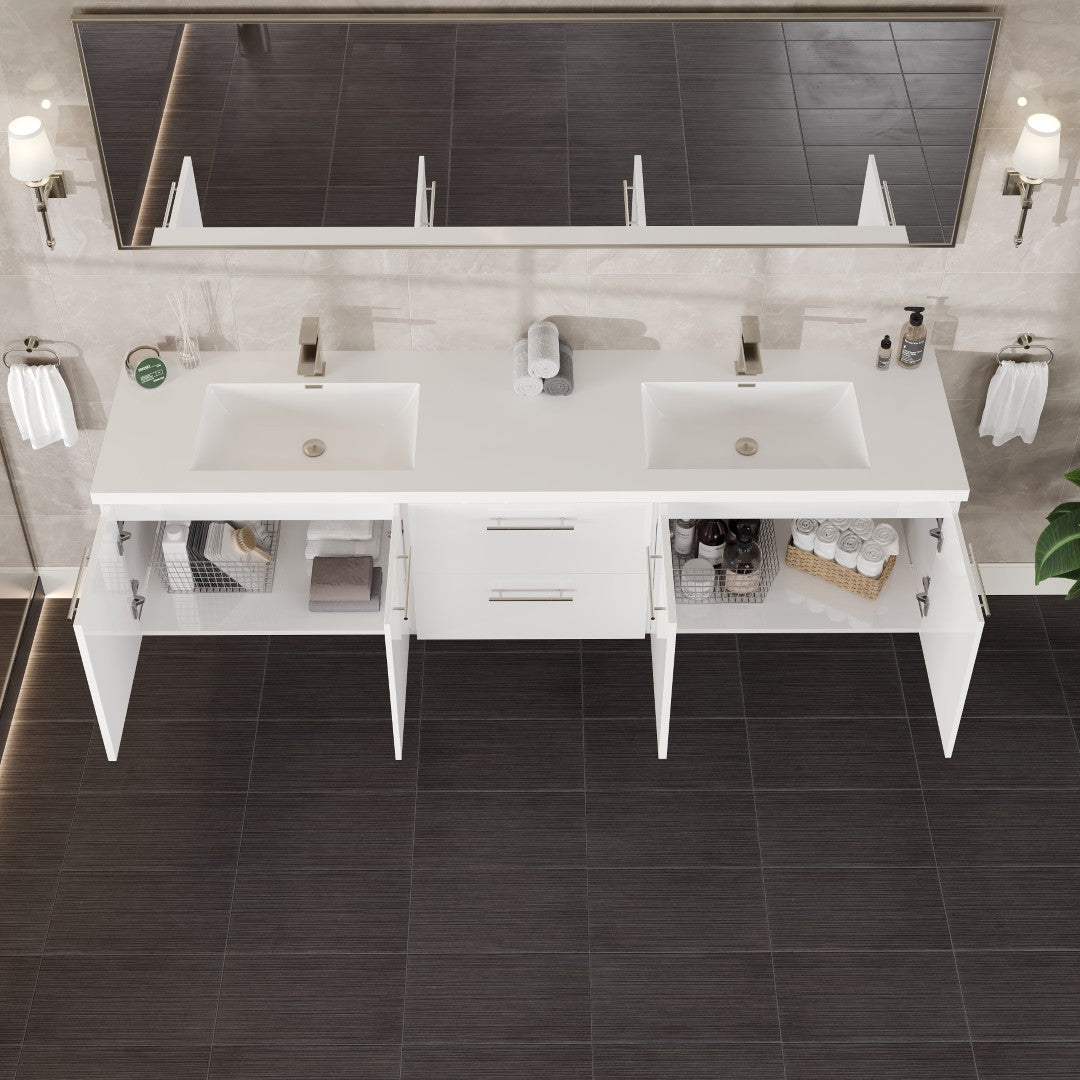 Lumina 84 in. White Wall Mount Double Sink  Bath Vanity with Acrylic Top and Integrated Sinks