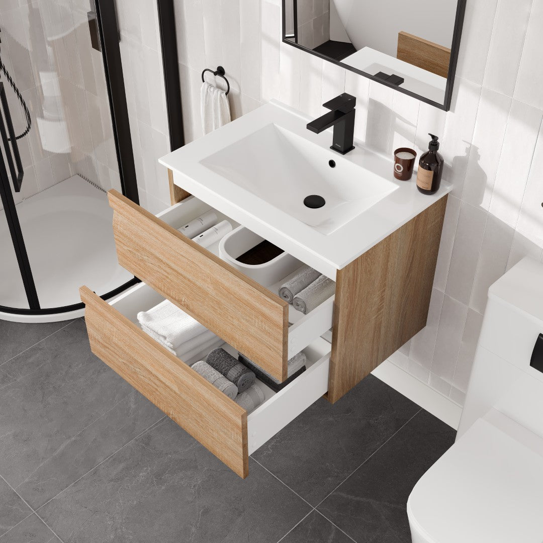 Joy 28 in. Maple Wall Mount Single Sink Bath Vanity with Porcelain Top and Integrated Sink