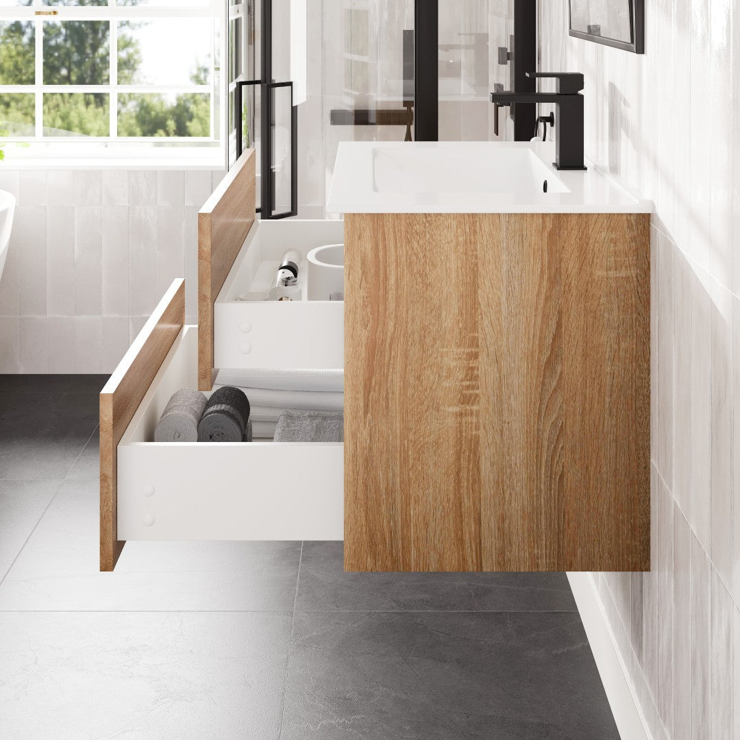 Joy 28 in. Maple Wall Mount Single Sink Bath Vanity with Porcelain Top and Integrated Sink