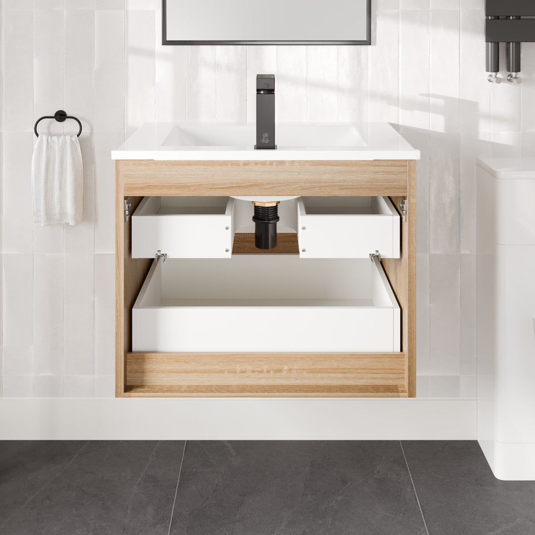 Joy 28 in. Maple Wall Mount Single Sink Bath Vanity with Porcelain Top and Integrated Sink