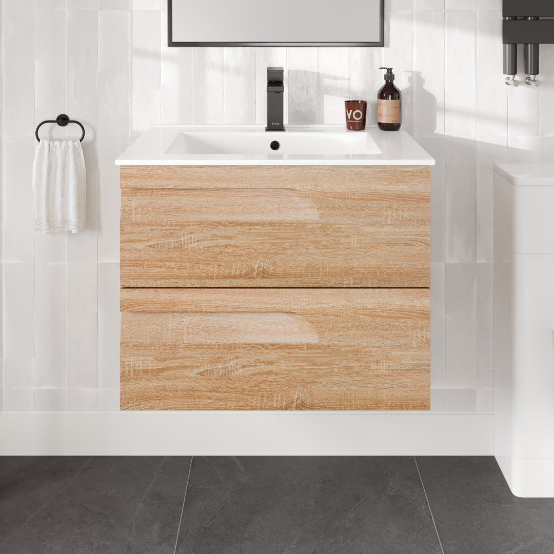 Joy 28 in. Maple Wall Mount Single Sink Bath Vanity with Porcelain Top and Integrated Sink