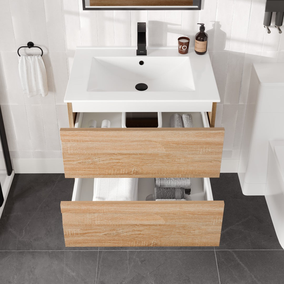 Joy 28 in. Maple Wall Mount Single Sink Bath Vanity with Porcelain Top and Integrated Sink