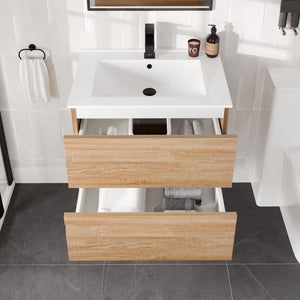 Joy 28 in. Maple Wall Mount Single Sink Bath Vanity with Porcelain Top and Integrated Sink