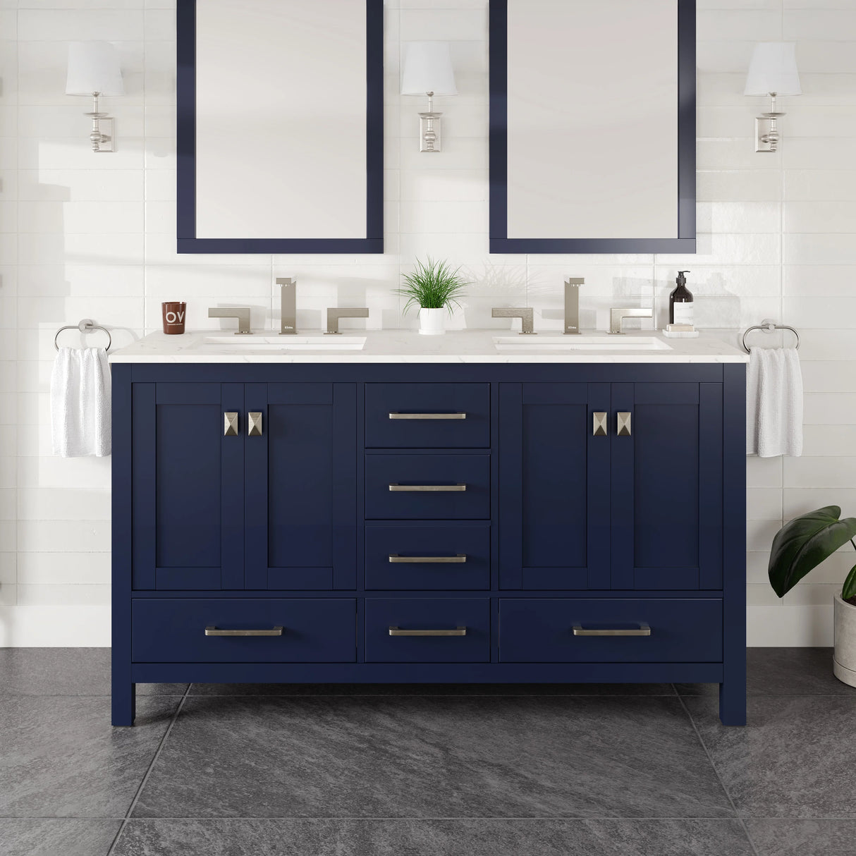 Aberdeen 60 in. Blue Double Sink  Bath Vanity with Carrara Quartz Top and Undermount Porcelain Sinks