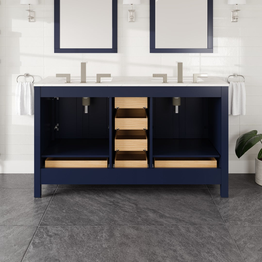 Aberdeen 60 in. Blue Double Sink  Bath Vanity with Carrara Quartz Top and Undermount Porcelain Sinks