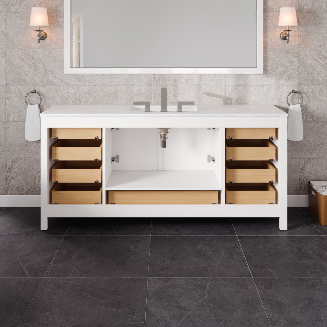 Aberdeen 72 in. White Single Sink Bath Vanity with Carrara Quartz Top and Undermount Porcelain Sink