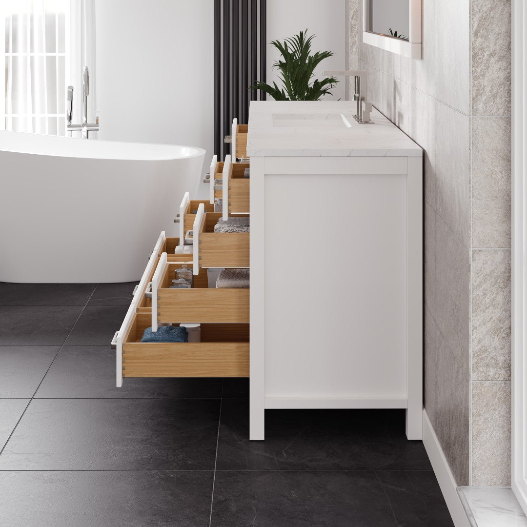 Aberdeen 72 in. White Single Sink Bath Vanity with Carrara Quartz Top and Undermount Porcelain Sink