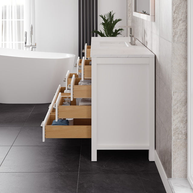 Aberdeen 72 in. White Single Sink Bath Vanity with Carrara Quartz Top and Undermount Porcelain Sink