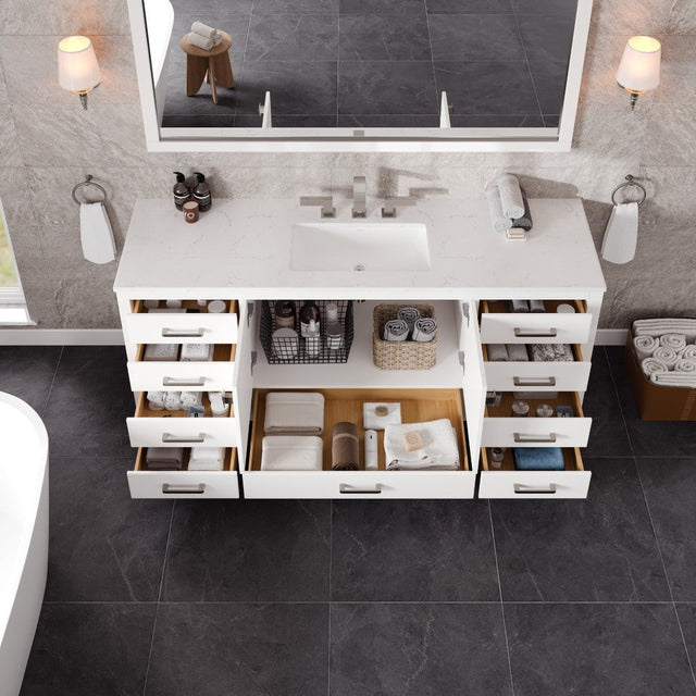 Aberdeen 72 in. White Single Sink Bath Vanity with Carrara Quartz Top and Undermount Porcelain Sink