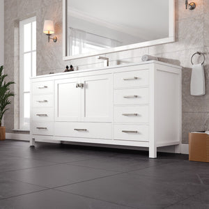Aberdeen 72 in. White Single Sink Bath Vanity with Carrara Quartz Top and Undermount Porcelain Sink