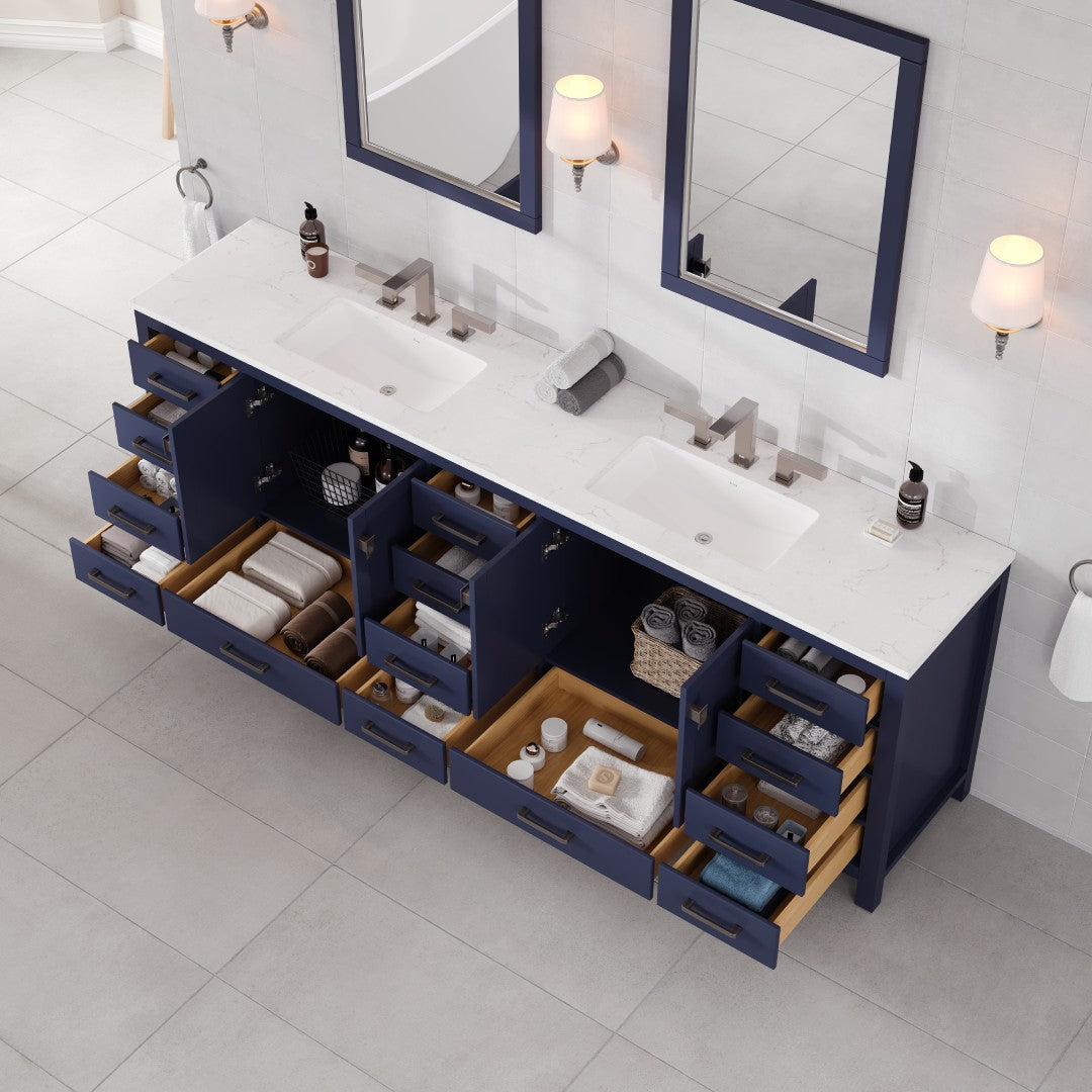 Aberdeen 96 in. Blue Double Sink  Bath Vanity with Carrara Quartz Top and Undermount Porcelain Sinks