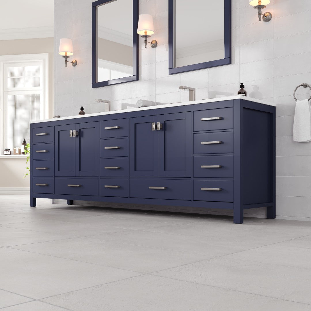 Aberdeen 96 in. Blue Double Sink  Bath Vanity with Carrara Quartz Top and Undermount Porcelain Sinks